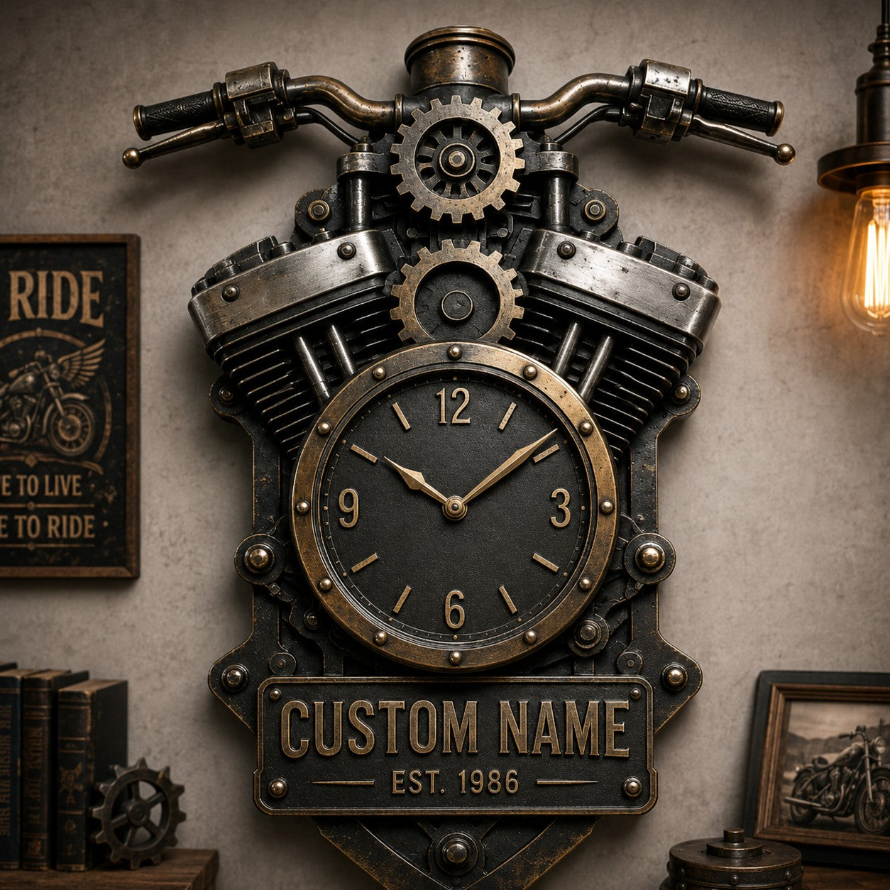 Motorcycle Engine Custom Name Wall Clock — personalized with a custom name