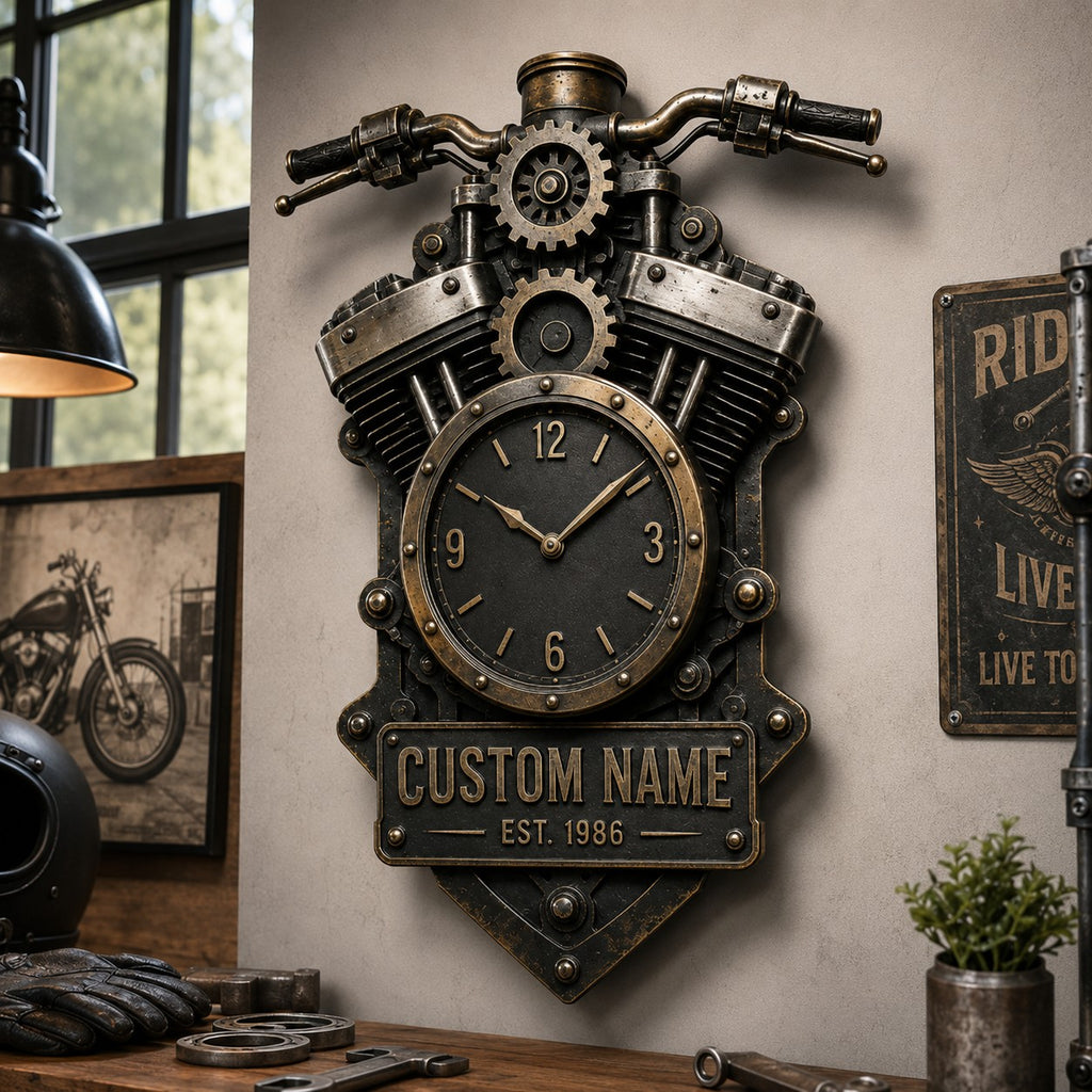 Motorcycle Engine Custom Name Wall Clock — personalized with a custom name