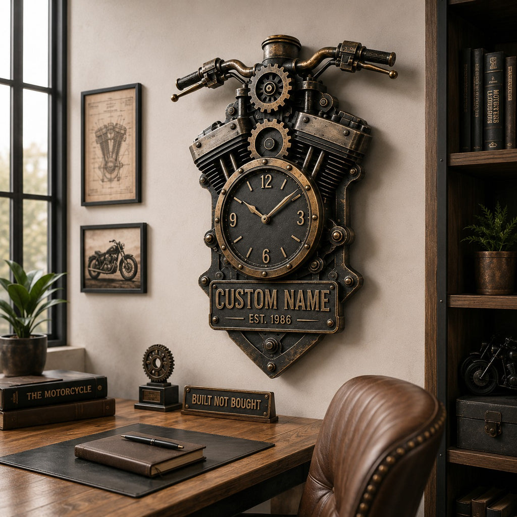 Motorcycle Engine Custom Name Wall Clock — personalized with a custom name