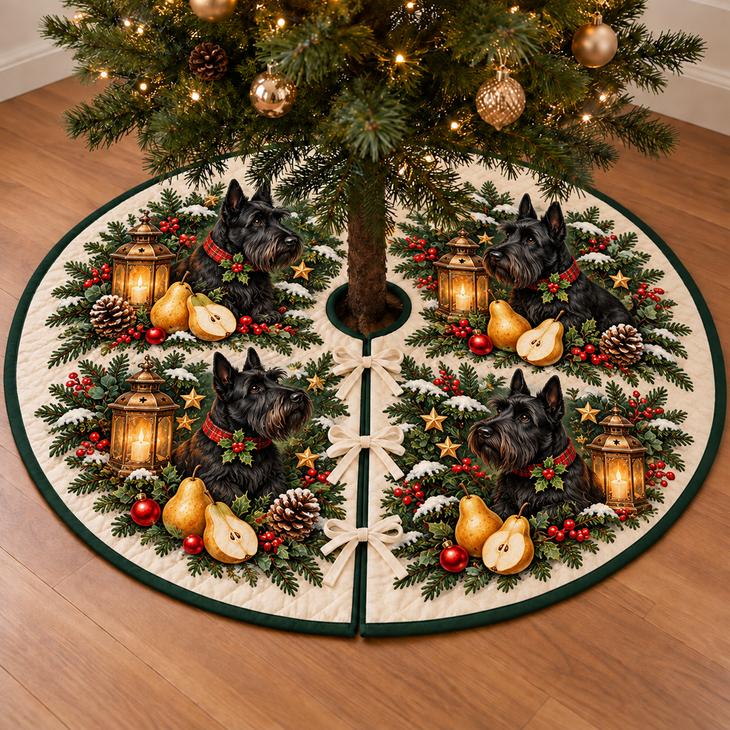 Scottie Dog Pear Lantern printed Christmas circular tree skirt; design mockup showing a flat printed depth effect.
