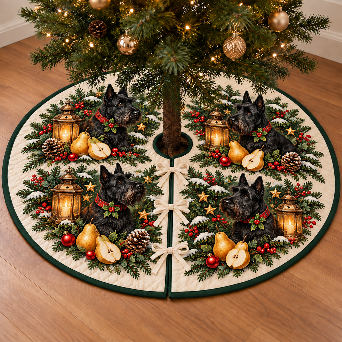 Scottie Dog Pear Lantern printed Christmas circular tree skirt; design mockup showing a flat printed depth effect.