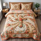 Scripture Bloom quilted 3-piece bedding set on a made bed in a softly lit bedroom