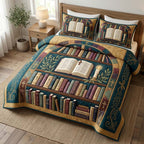 Scripture Library quilted 3-piece bedding set on a made bed in a softly lit bedroom