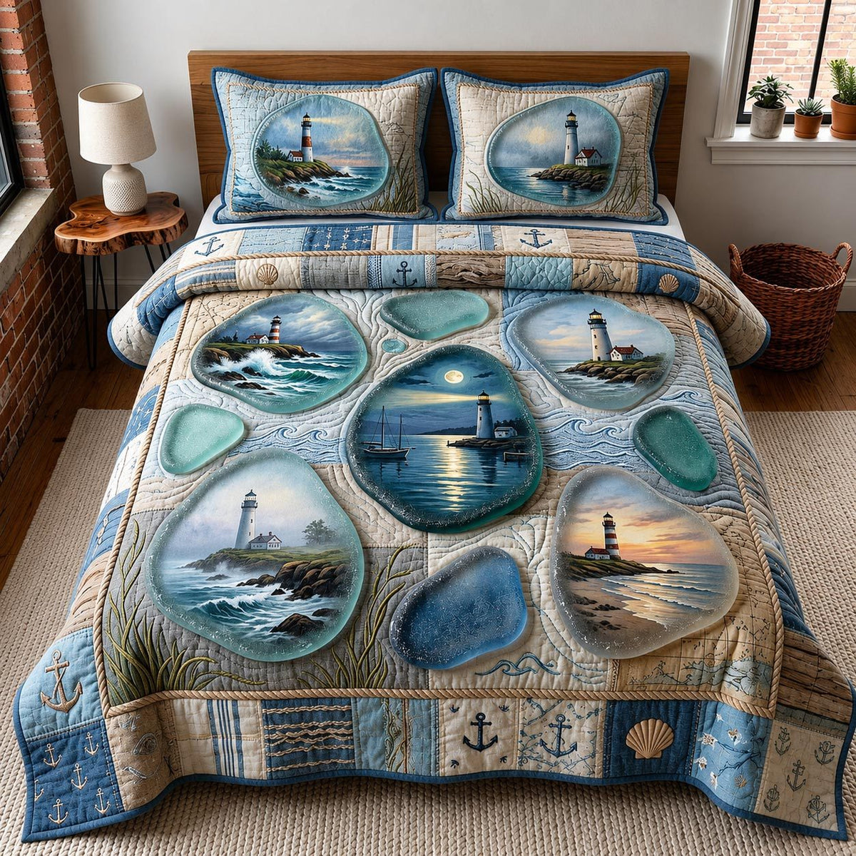 Sea Escape Circles quilted 3-piece bedding set on a made bed in a light coastal bedroom