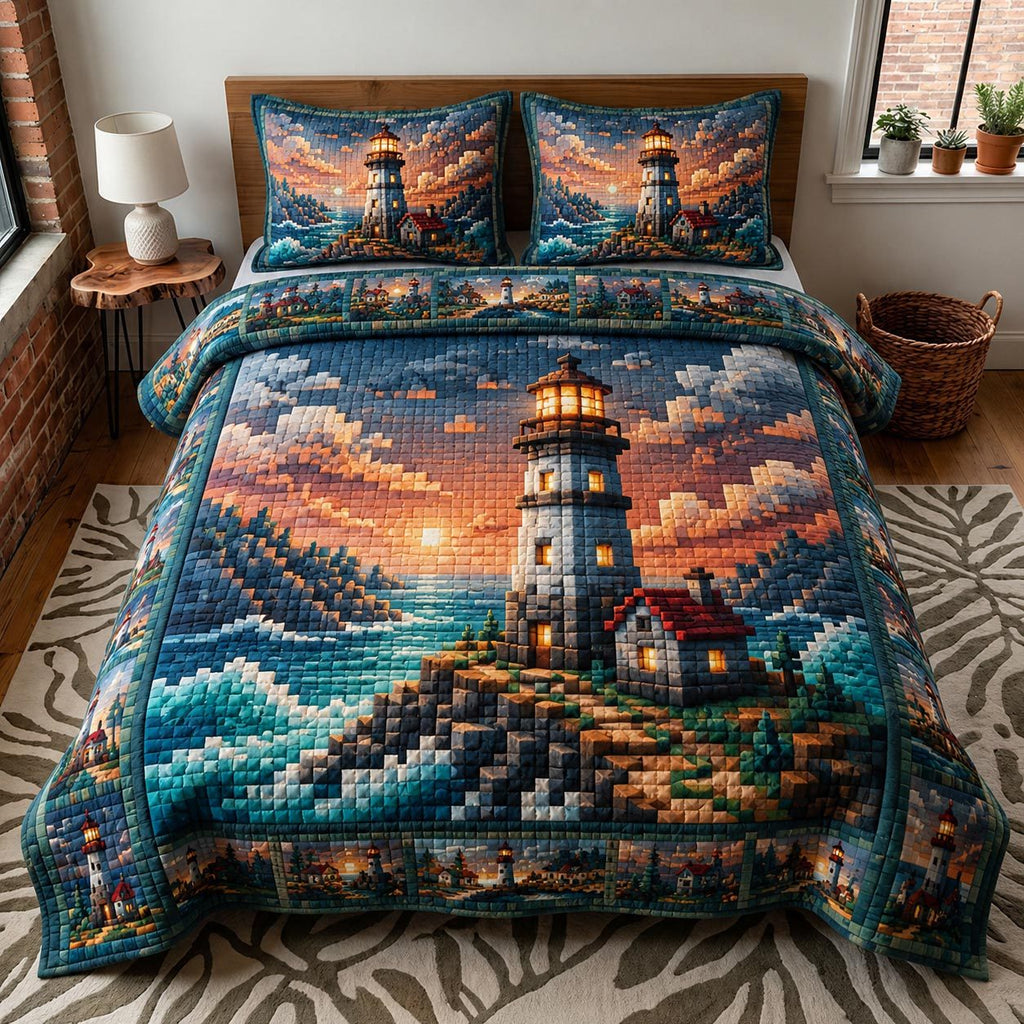 Sea Escape Sunset quilted 3-piece bedding set on a made bed in a light coastal bedroom