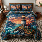 Sea Escape Sunset quilted 3-piece bedding set on a made bed in a light coastal bedroom