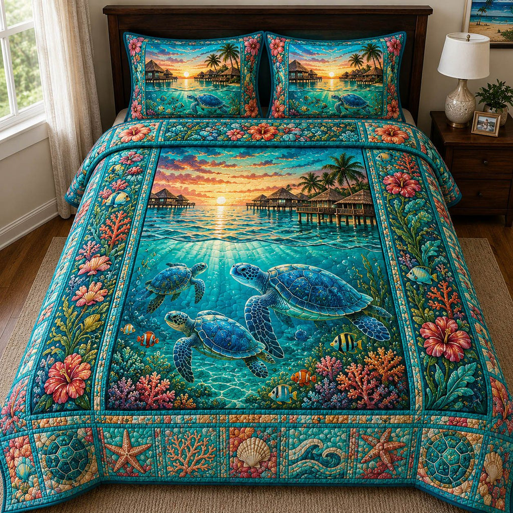Sea Turtle Sunset quilted 3-piece bedding set on a made bed in a light coastal bedroom