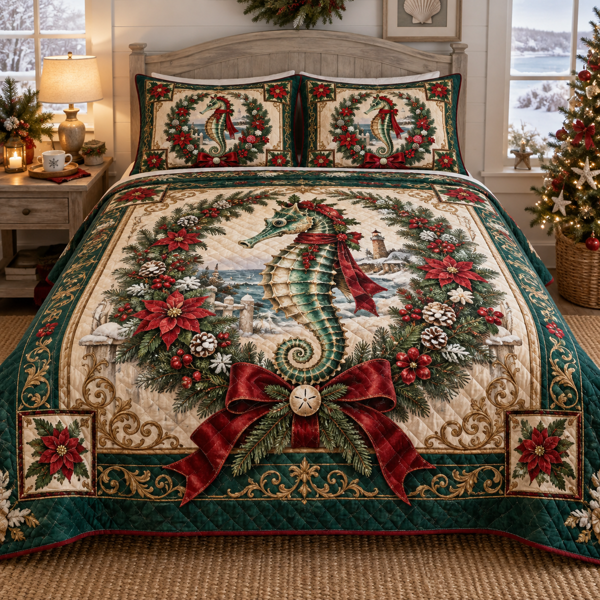 Seahorse Christmas 3-Piece Quilted Bedding Set — digital product visualization
