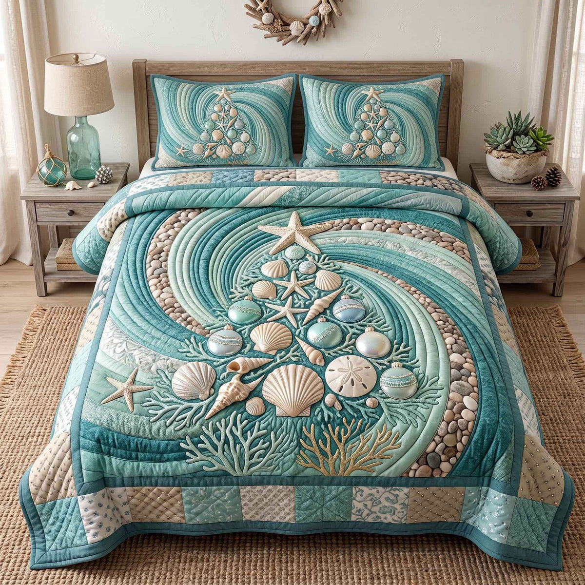 Seashell Christmas Teal quilted 3-piece bedding set on a made bed in a winter-styled bedroom