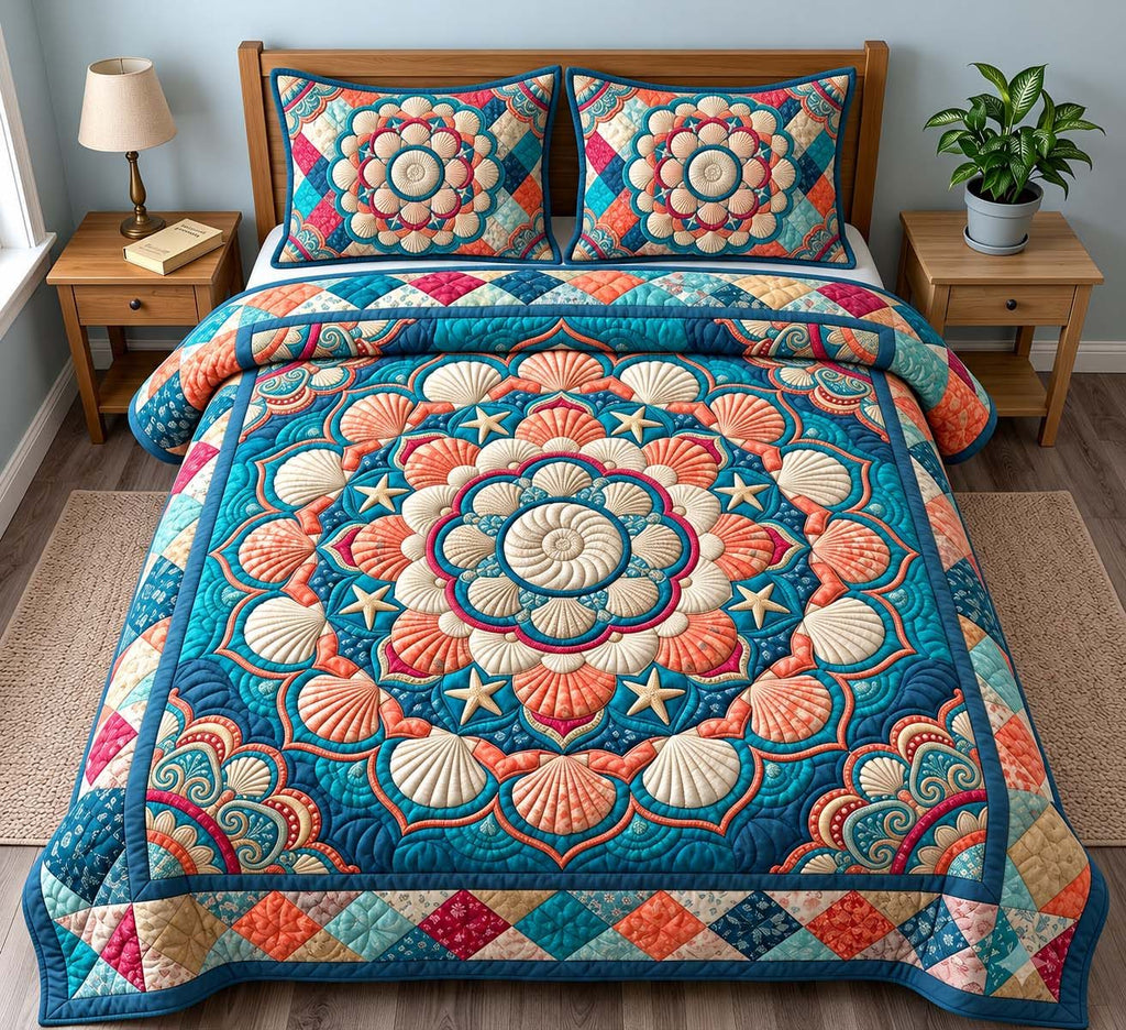 Seashell Ocean Mandala quilted 3-piece bedding set on a made bed in a light coastal bedroom
