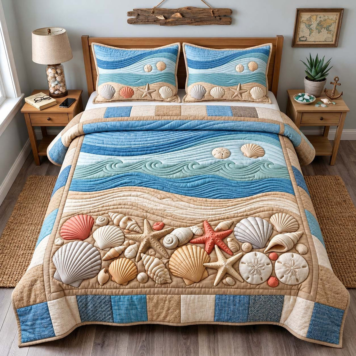 Seashell Shoreline quilted 3-piece bedding set on a made bed in a light coastal bedroom