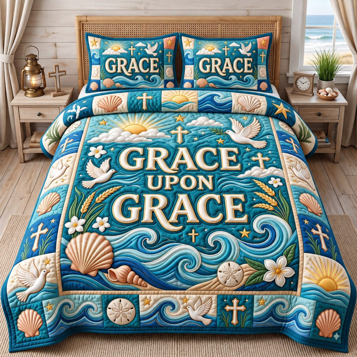 Seashell Waves Grace Upon Grace quilted 3-piece bedding set on a made bed in a light coastal bedroom