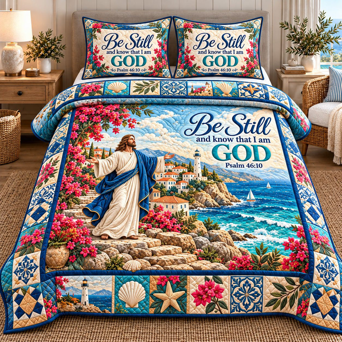 Seaside Bougainvillea Be Still And Know God quilted 3-piece bedding set on a made bed in a softly lit bedroom