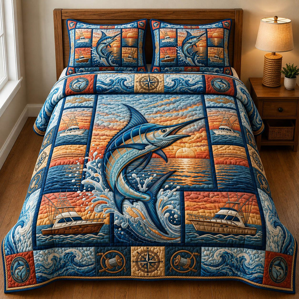 Seaside Escape quilted 3-piece bedding set on a made bed in a light coastal bedroom
