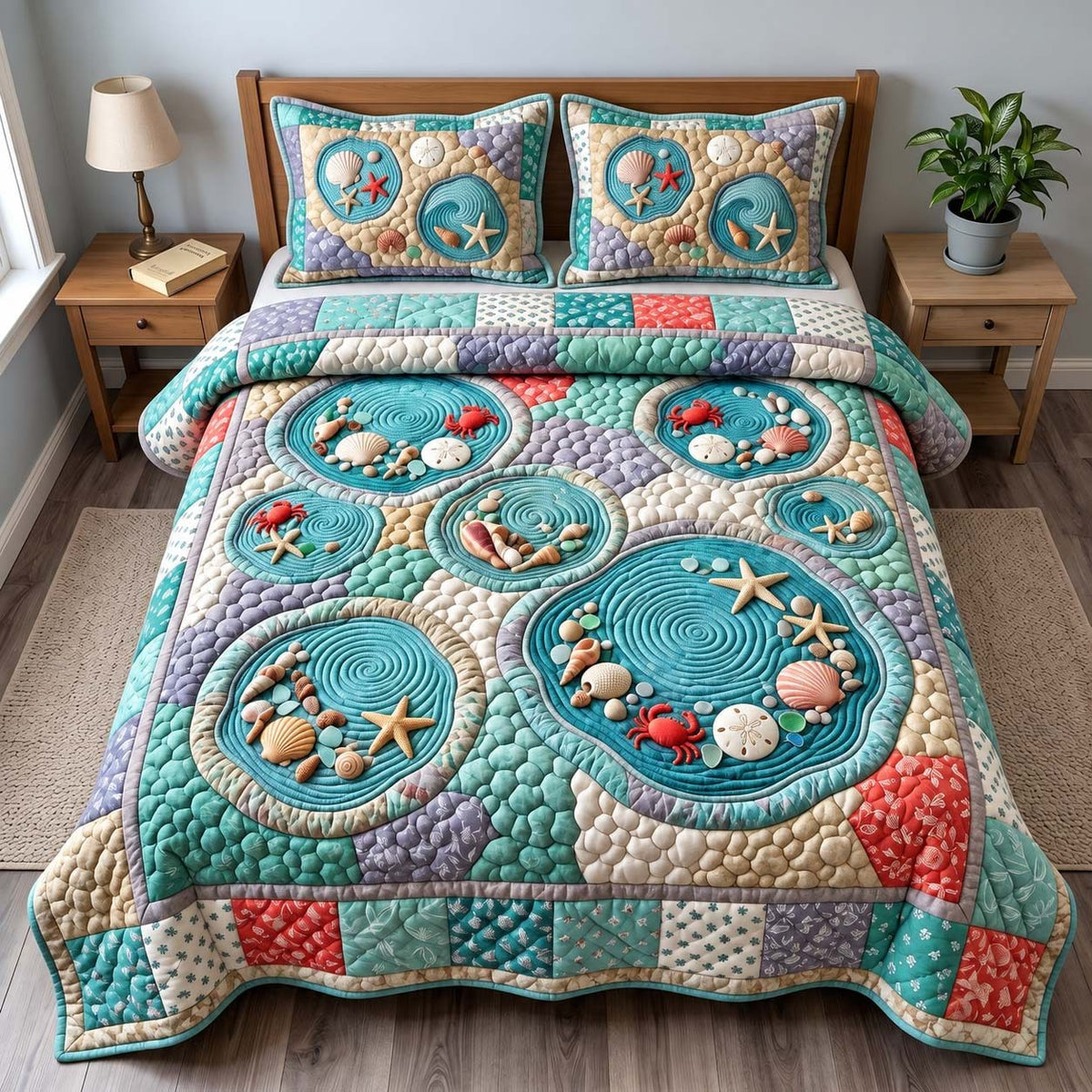 Seaside Tide Pools quilted 3-piece bedding set on a made bed in a light coastal bedroom