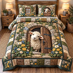 Secret Cottage Flock quilted 3-piece bedding set on a made bed in a farmhouse bedroom