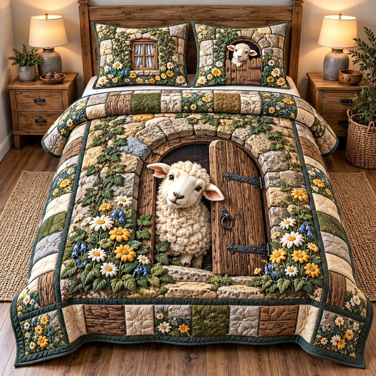 Secret Cottage Flock quilted 3-piece bedding set on a made bed in a farmhouse bedroom