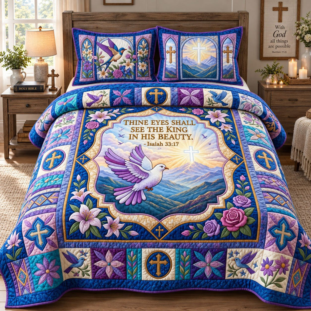 See The King In His Beauty quilted 3-piece bedding set on a made bed with two matching pillow shams