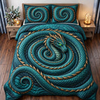 Serpent Dragon Votex quilted 3-piece bedding set on a made bed with two matching pillow shams