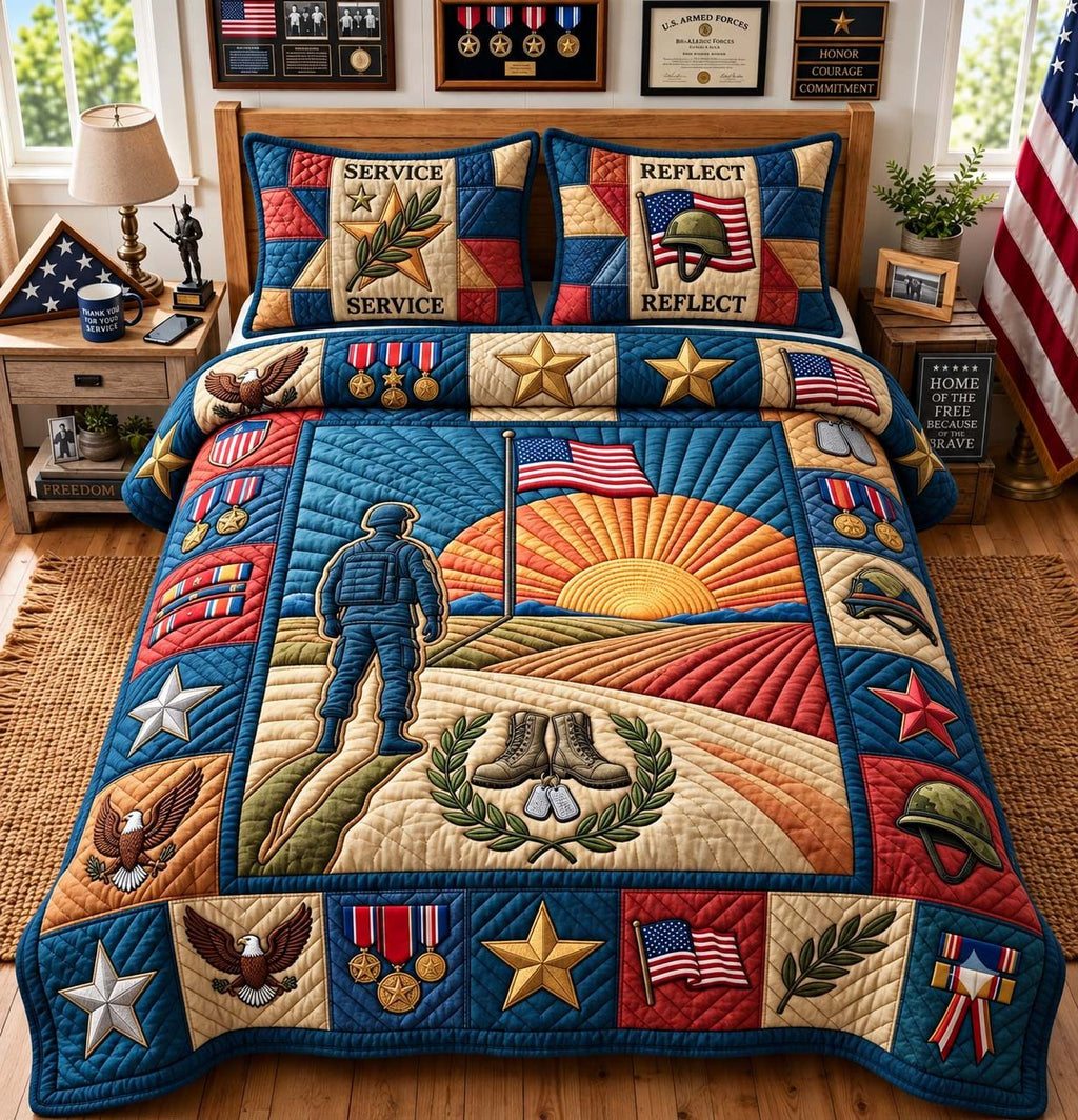 Service And Sacrifice quilted 3-piece bedding set on a made bed with two matching pillow shams