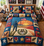 Service And Sacrifice quilted 3-piece bedding set on a made bed with two matching pillow shams