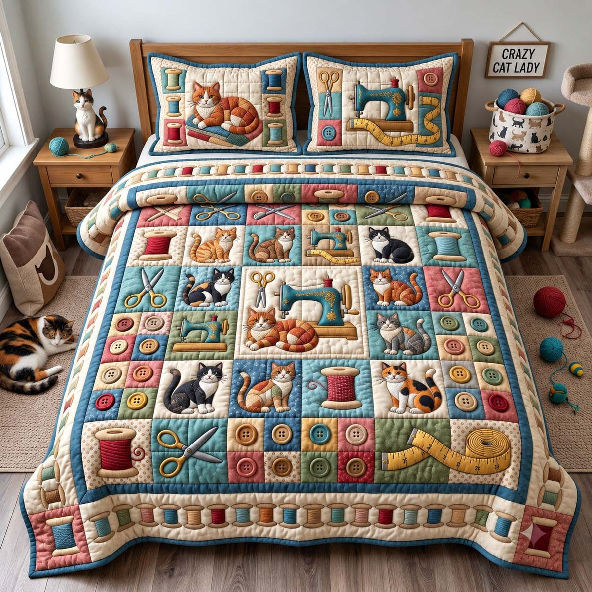 Sewing Cat quilted 3-piece bedding set on a made bed with two matching pillow shams