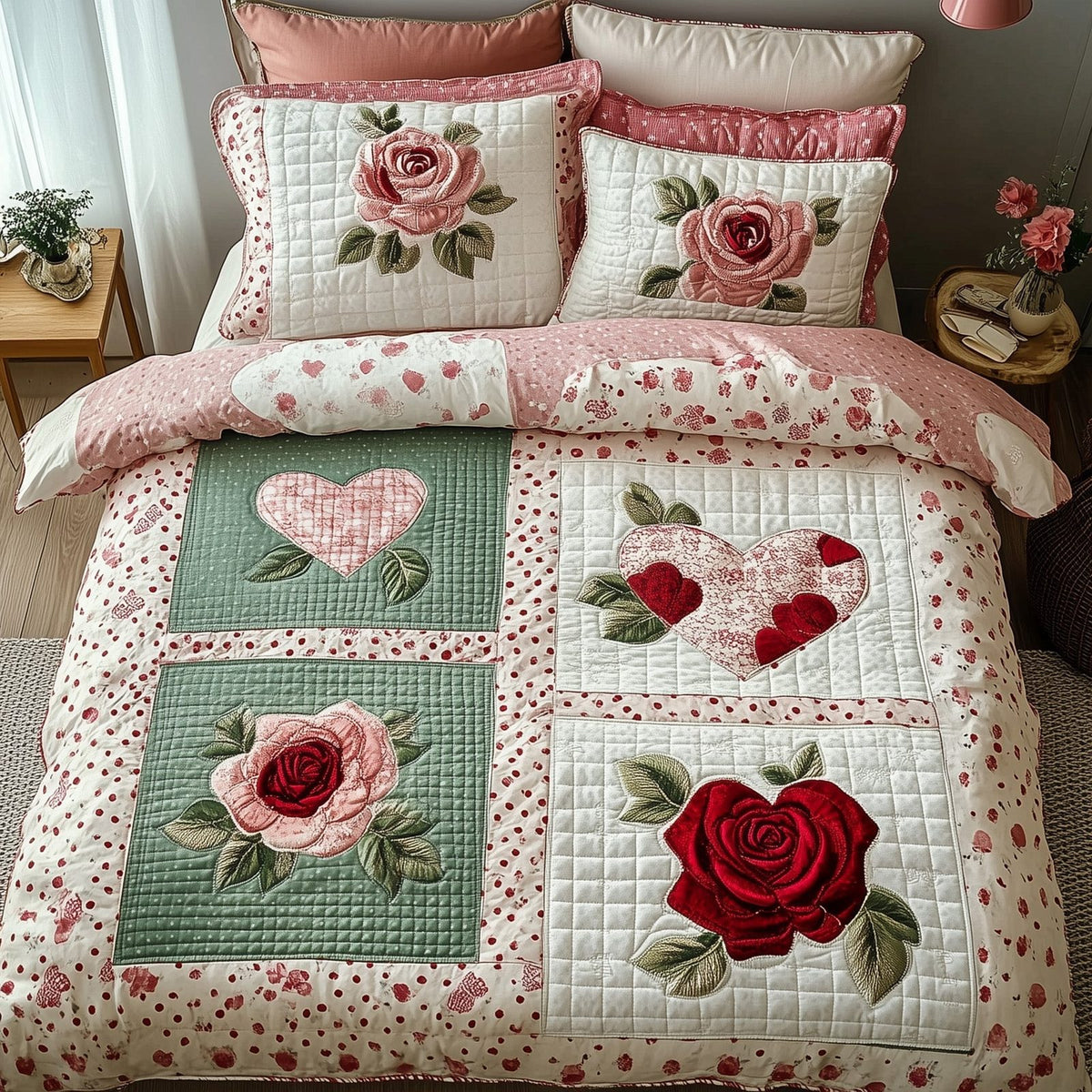 Shabby Chic Blooming Roses Green quilted 3-piece bedding set on a made bed in a farmhouse bedroom