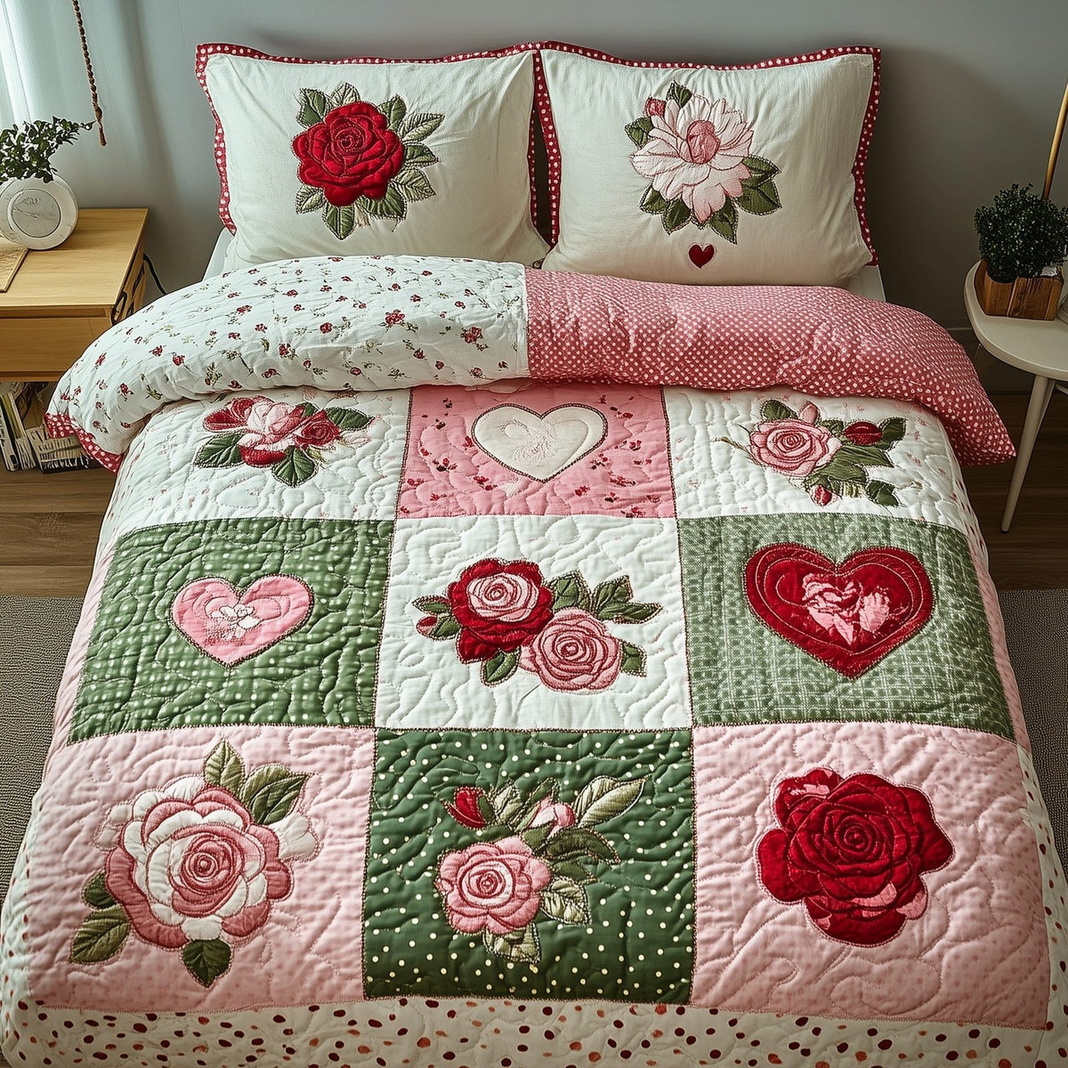 Shabby Chic Blooming Roses Hearts quilted 3-piece bedding set on a made bed in a farmhouse bedroom