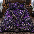 Shadow Eclipse Dragon quilted 3-piece bedding set on a made bed with two matching pillow shams