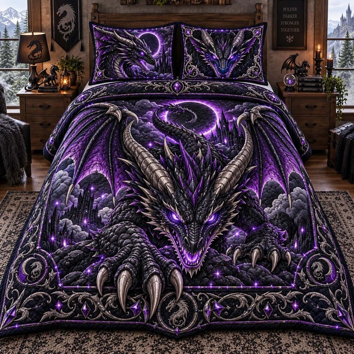 Shadow Eclipse Dragon quilted 3-piece bedding set on a made bed with two matching pillow shams