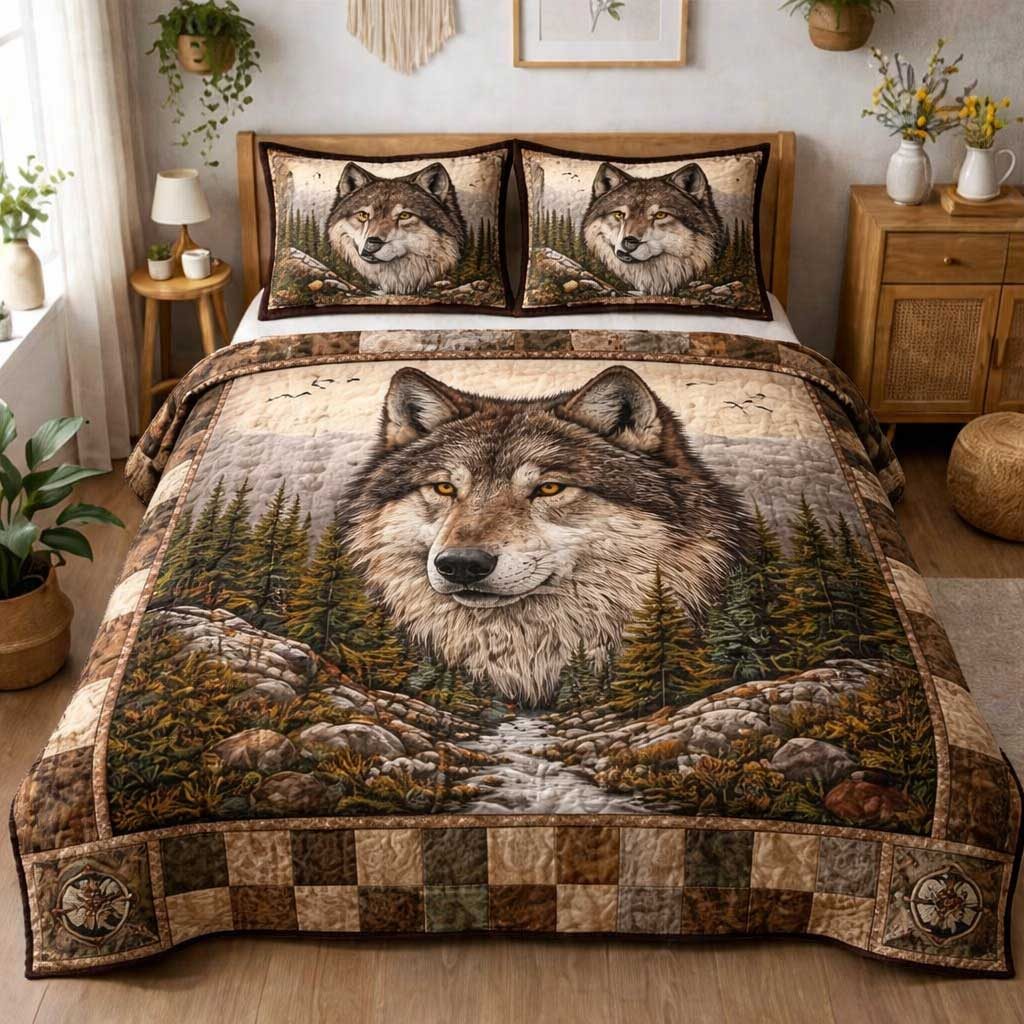 Shadow Wolf Forest quilted 3-piece bedding set on a made bed with two matching pillow shams