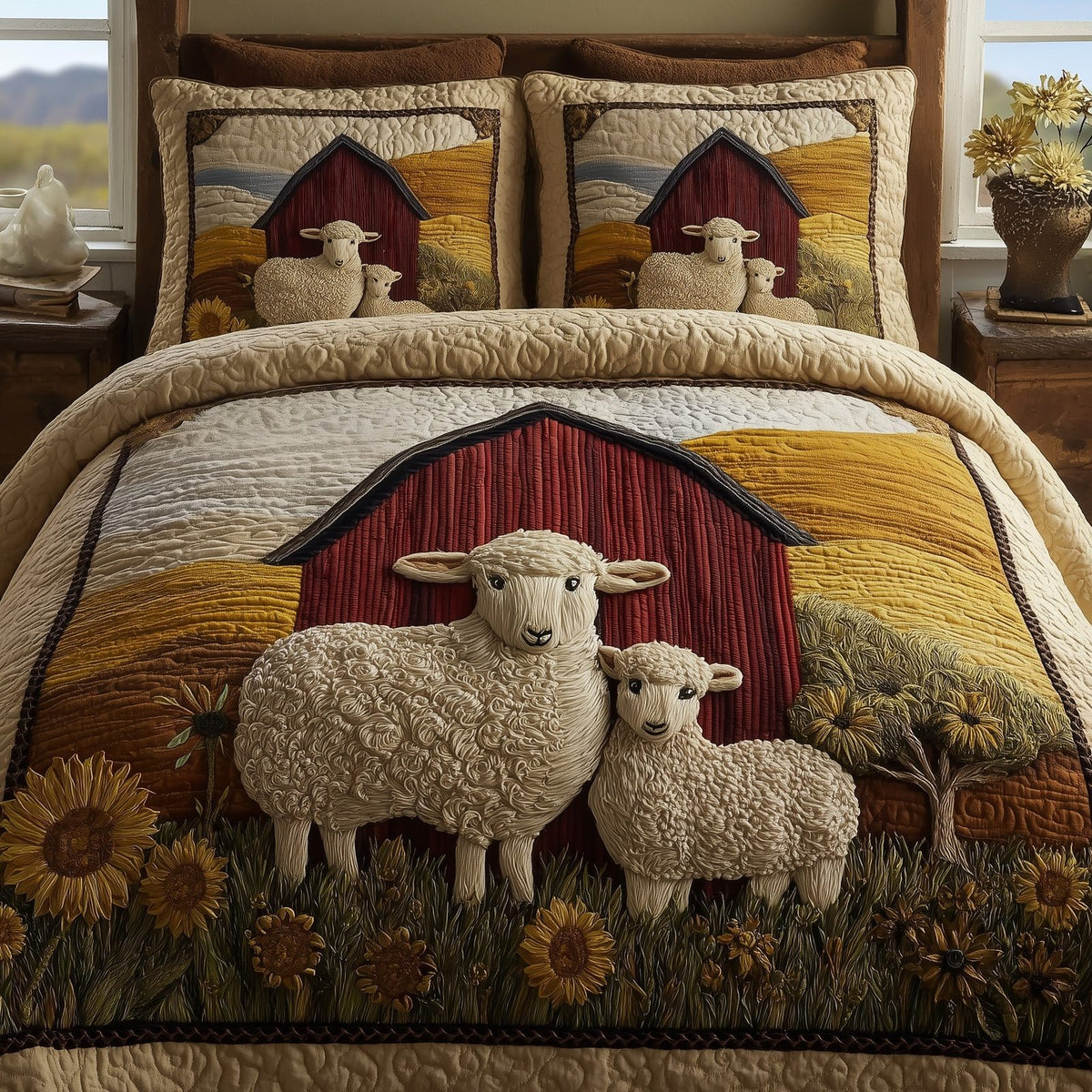 Sheep Barn Pair quilted 3-piece bedding set on a made bed in a farmhouse bedroom