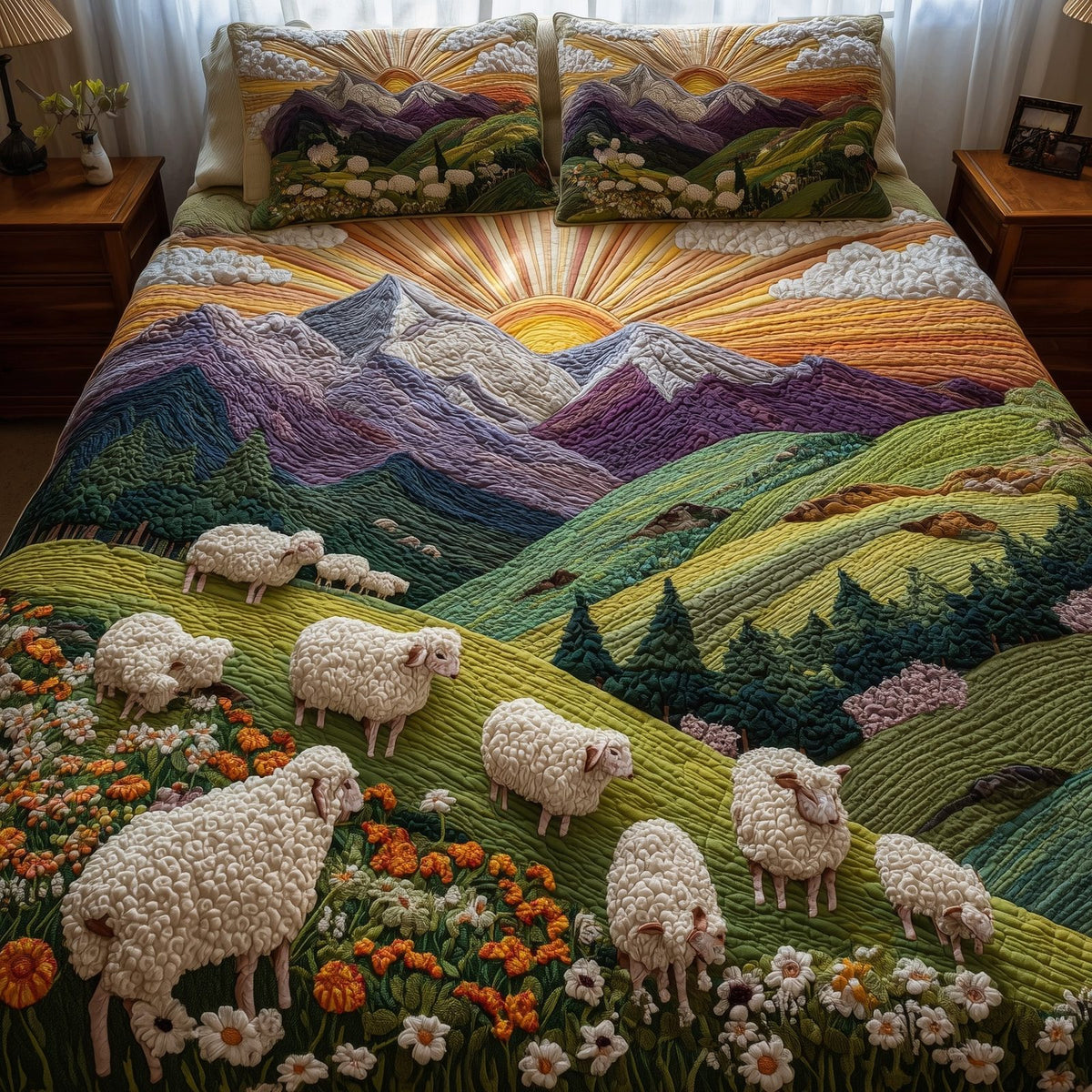 Sheep Heaven quilted 3-piece bedding set on a made bed in a softly lit bedroom