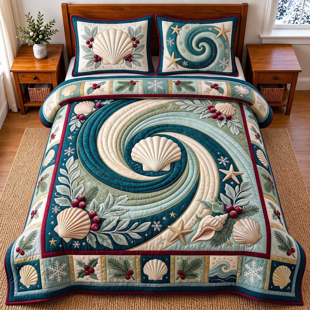 Shell Wave quilted 3-piece bedding set on a made bed in a light coastal bedroom