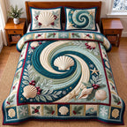 Shell Wave quilted 3-piece bedding set on a made bed in a light coastal bedroom