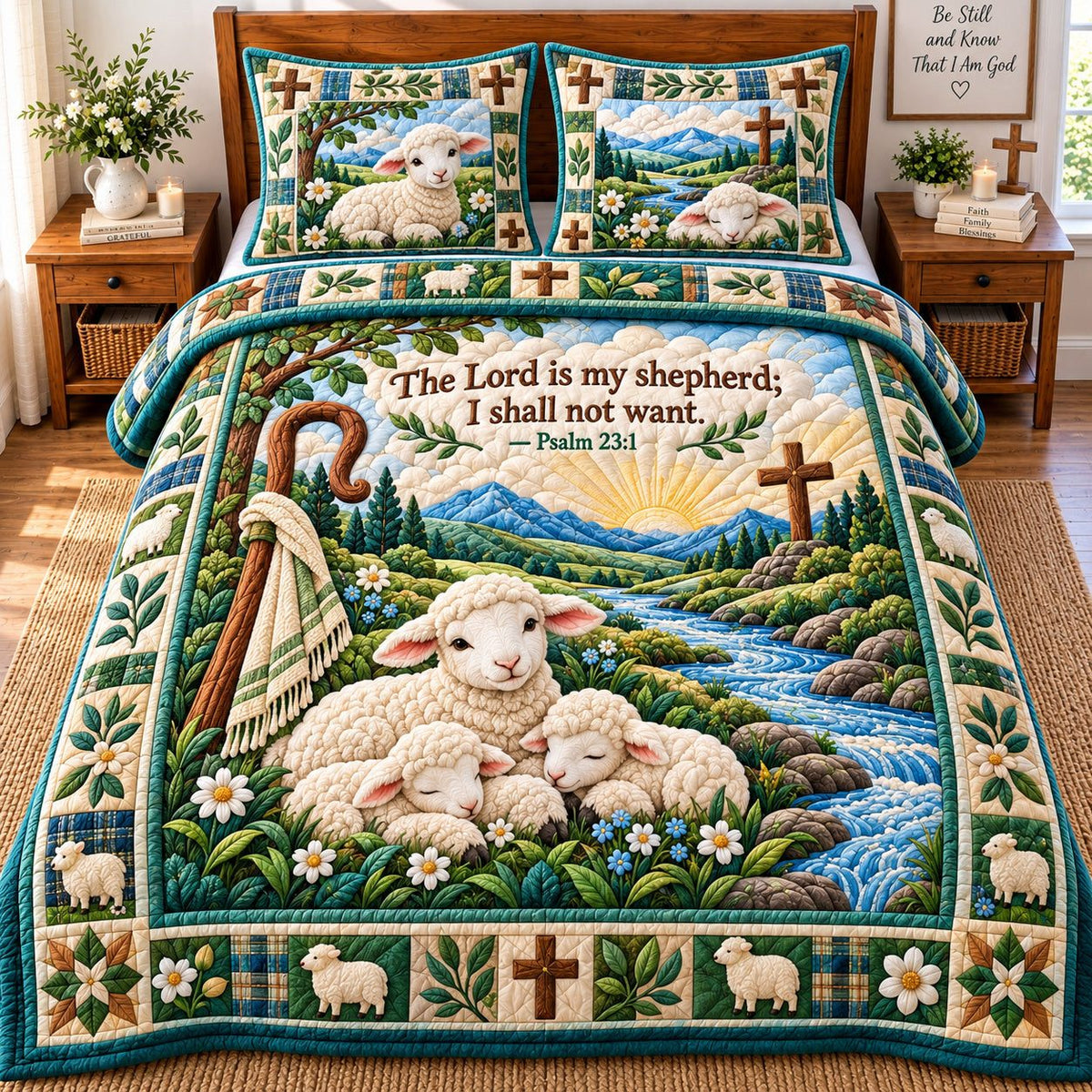 Shepherd Grace quilted 3-piece bedding set on a made bed with two matching pillow shams