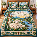 Shepherd Grace quilted 3-piece bedding set on a made bed with two matching pillow shams
