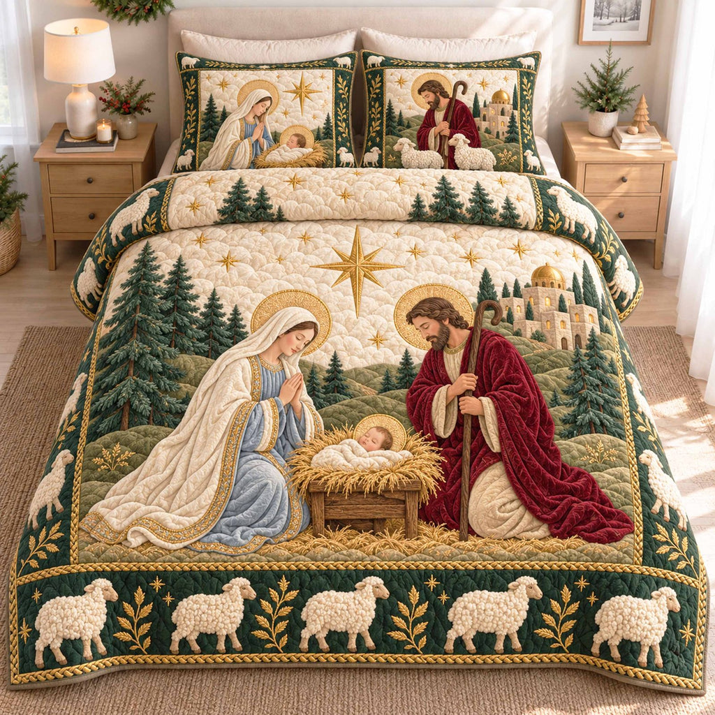 Shepherd Hope quilted 3-piece bedding set on a made bed with two matching pillow shams