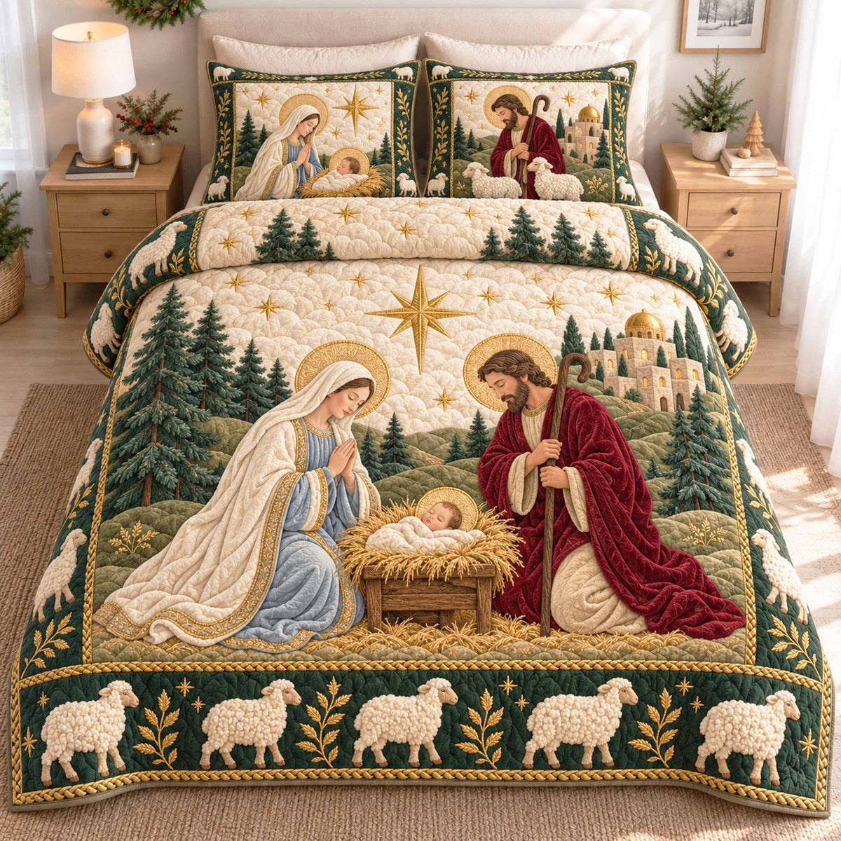 Shepherd Hope quilted 3-piece bedding set on a made bed with two matching pillow shams