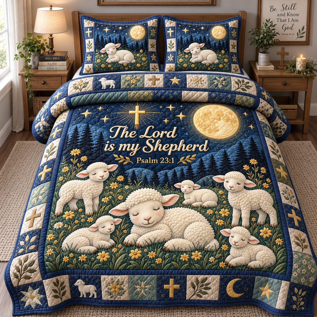 Shepherd Lambs At Night quilted 3-piece bedding set on a made bed with two matching pillow shams