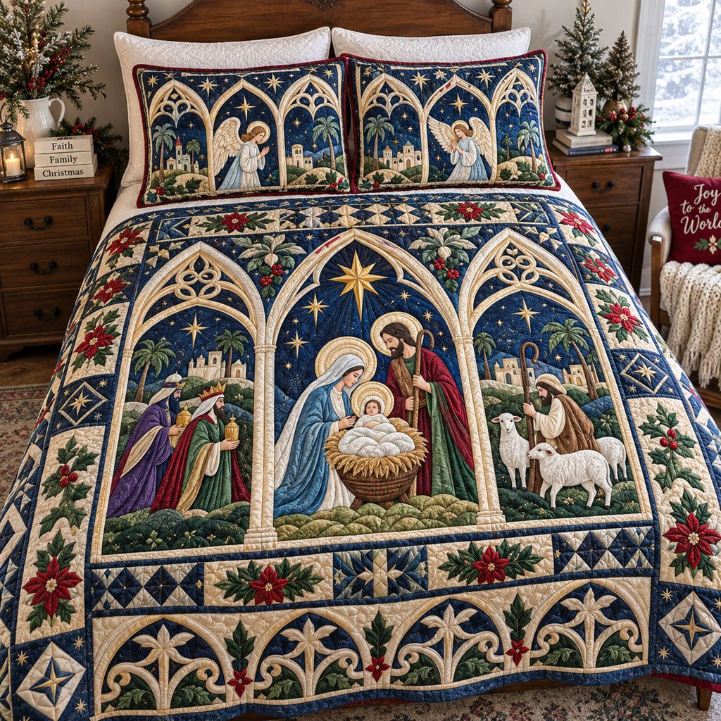 Shepherds at the Manger quilted 3-piece bedding set on a made bed with two matching pillow shams