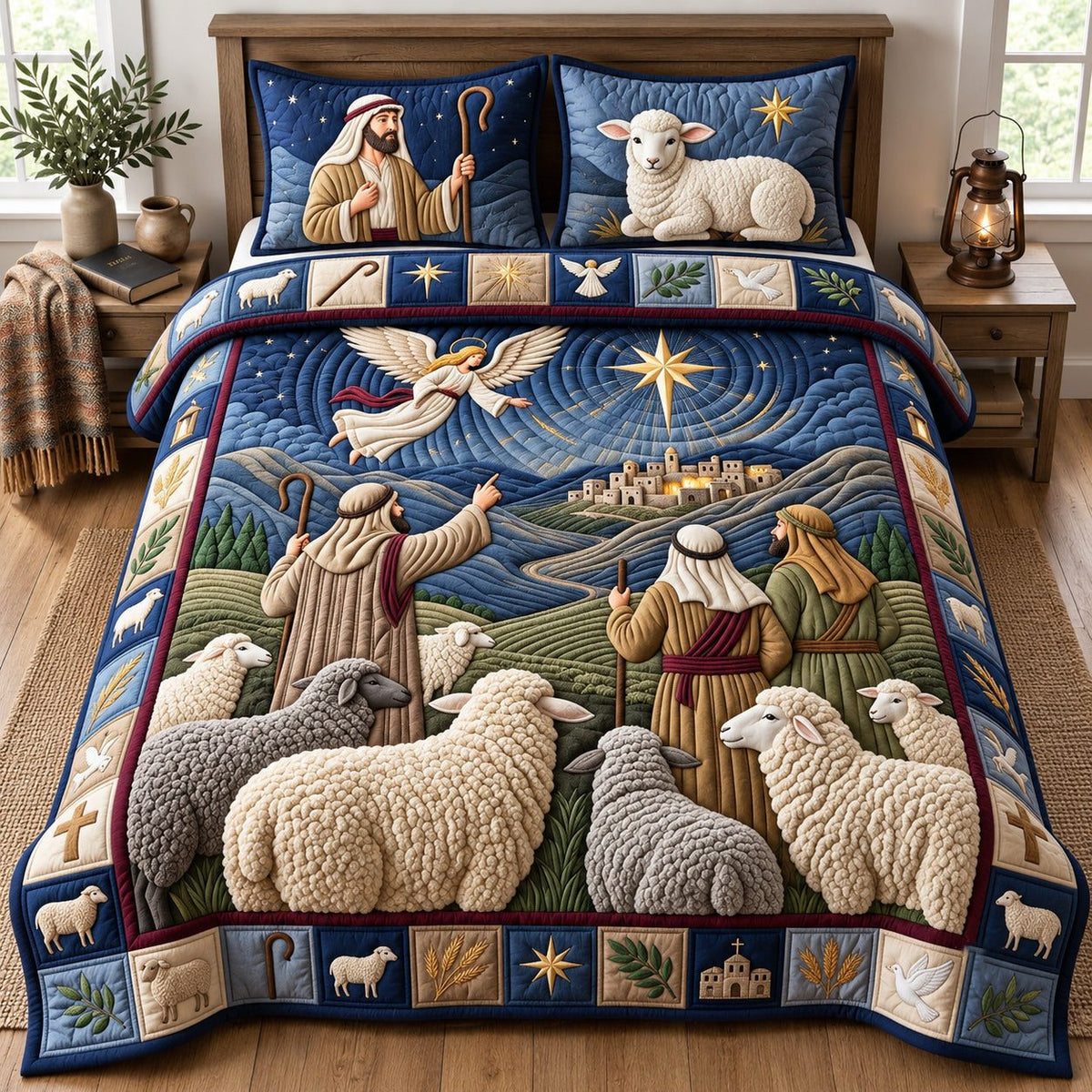 Shepherds Field Holy Night quilted 3-piece bedding set on a made bed in a softly lit bedroom
