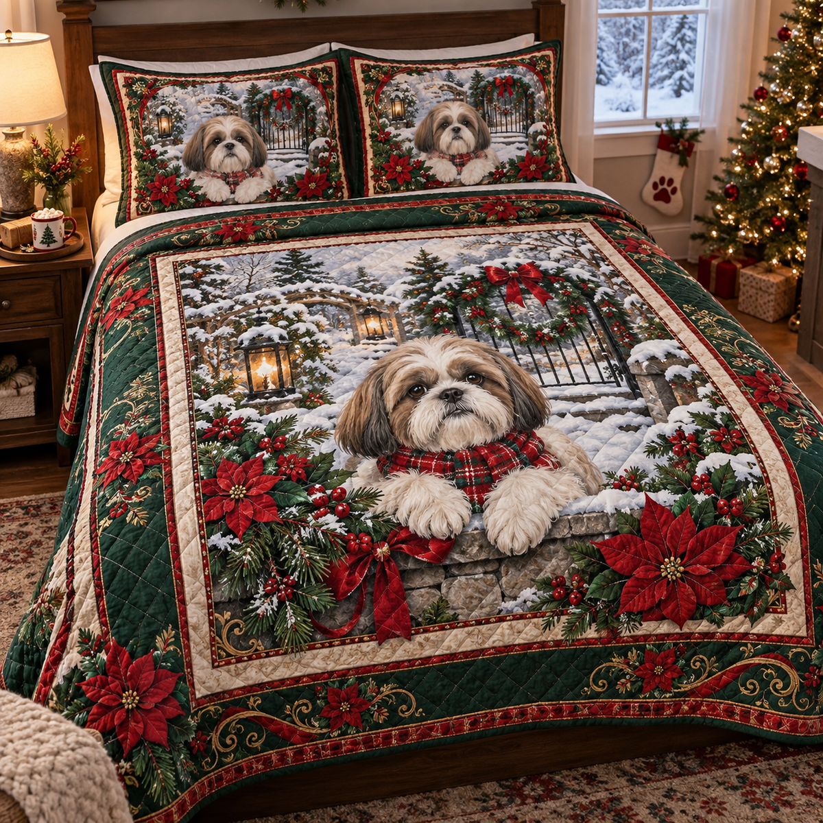 Shih Tzu Christmas 3-Piece Quilted Bedding Set — digital product visualization