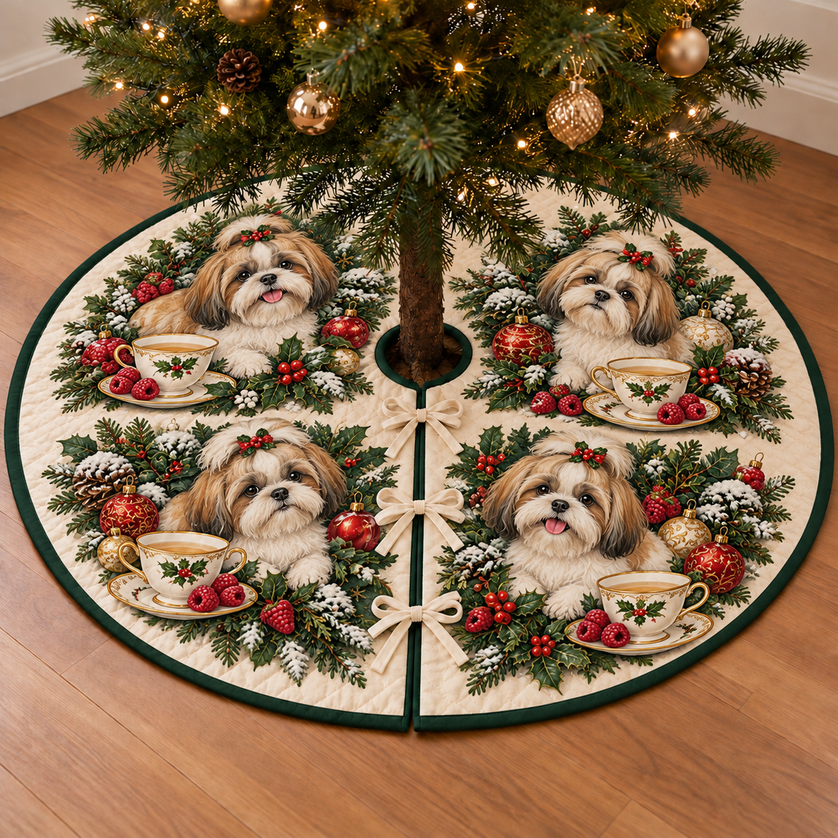 Shih Tzu Raspberry Toy Cup printed Christmas circular tree skirt; design mockup showing a flat printed depth effect.