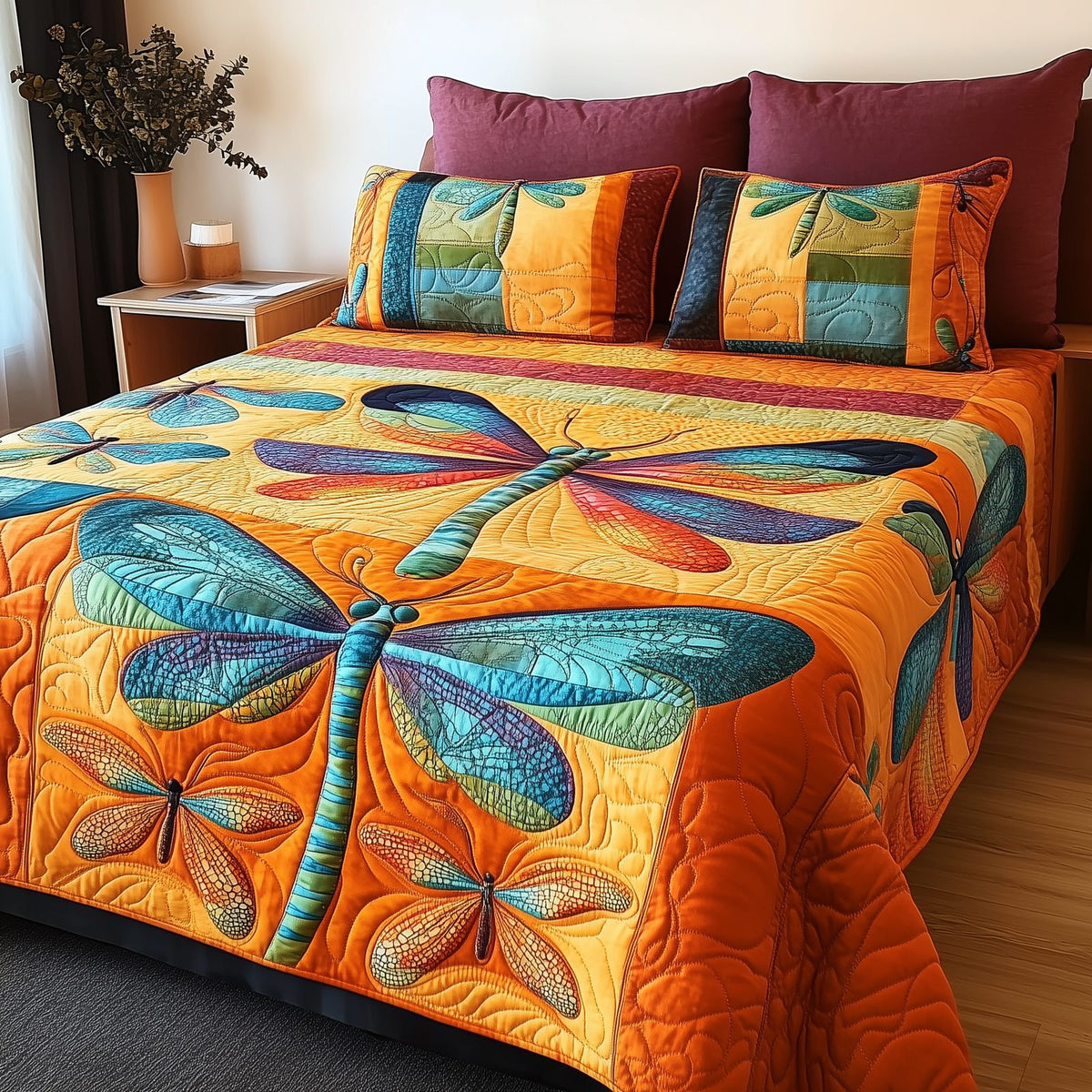 Shining Dragonfly Bright quilted 3-piece bedding set on a made bed with two matching pillow shams