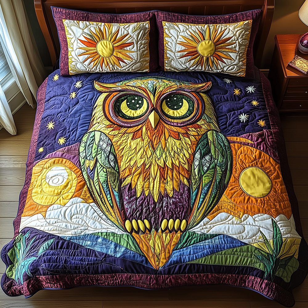 Shining Owl Night quilted 3-piece bedding set on a made bed with two matching pillow shams