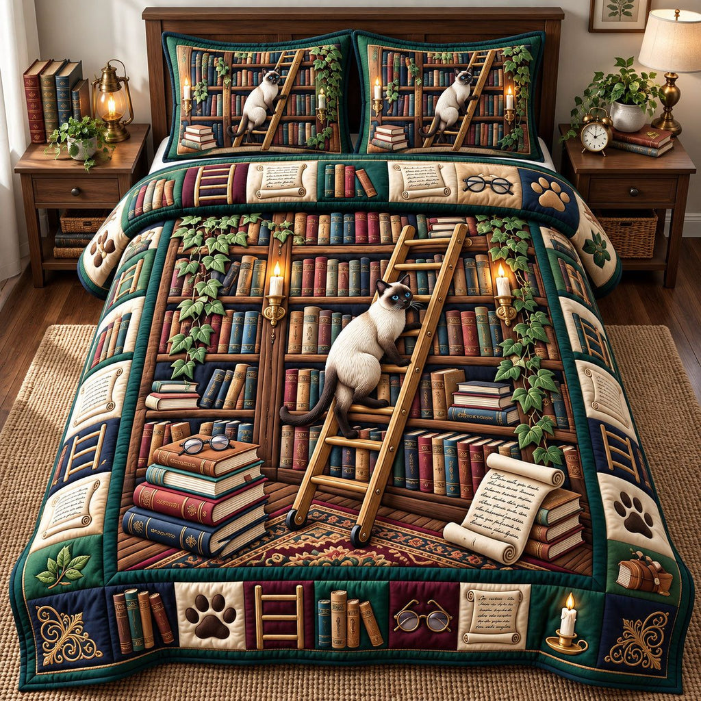 Siamese Cat Library Ladder quilted 3-piece bedding set on a made bed with two matching pillow shams