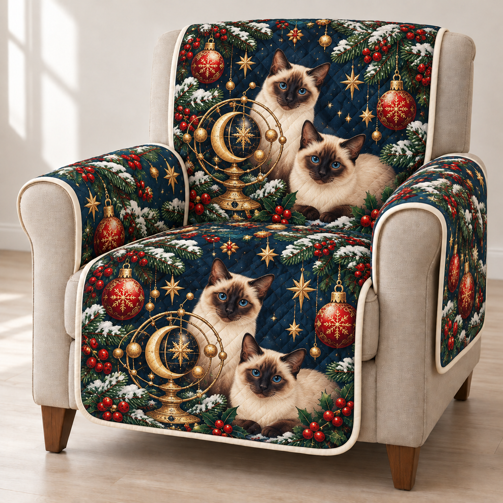 Siamese Cat Snowflake Orrery printed Christmas quilted sofa cover; design mockup showing a flat printed depth effect.