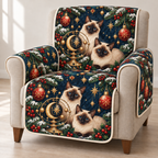 Siamese Cat Snowflake Orrery printed Christmas quilted sofa cover; design mockup showing a flat printed depth effect.