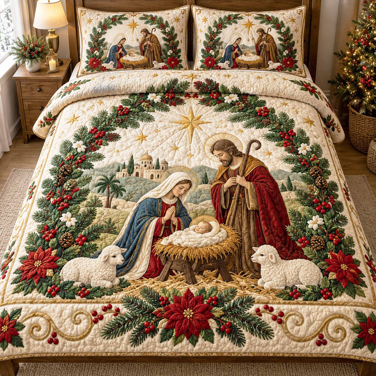 Silent Manger quilted 3-piece bedding set on a made bed with two matching pillow shams